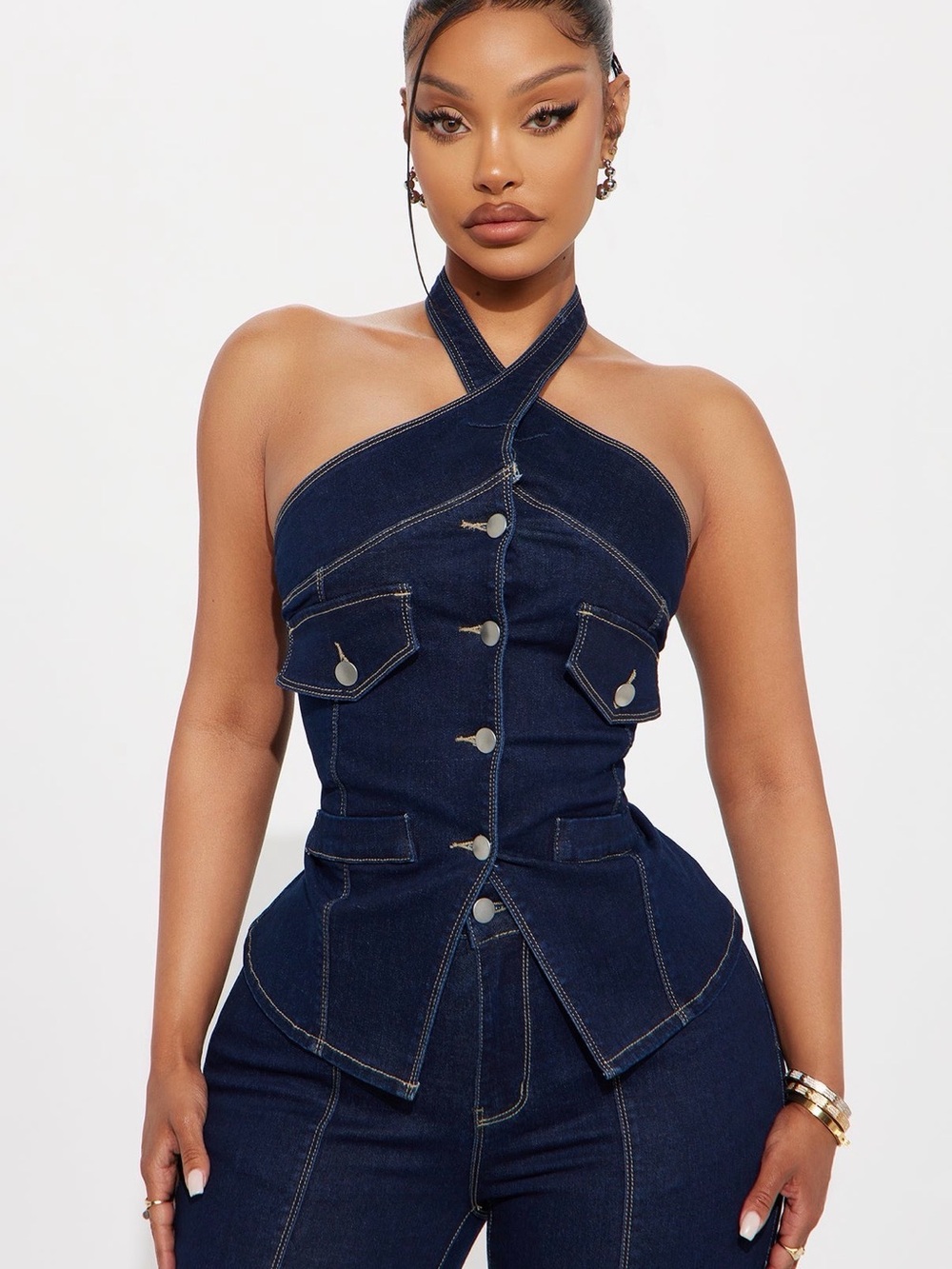 Dark Blue Denim Halter Corset Top - Fashion Nova